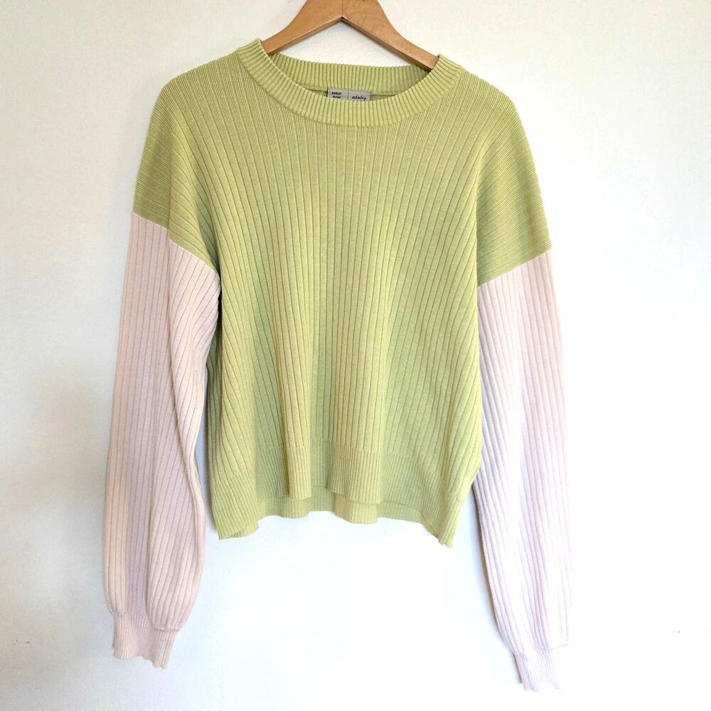 Anthropologie Saturday Sunday Green Beige Colorblock Ribbed Sweater L